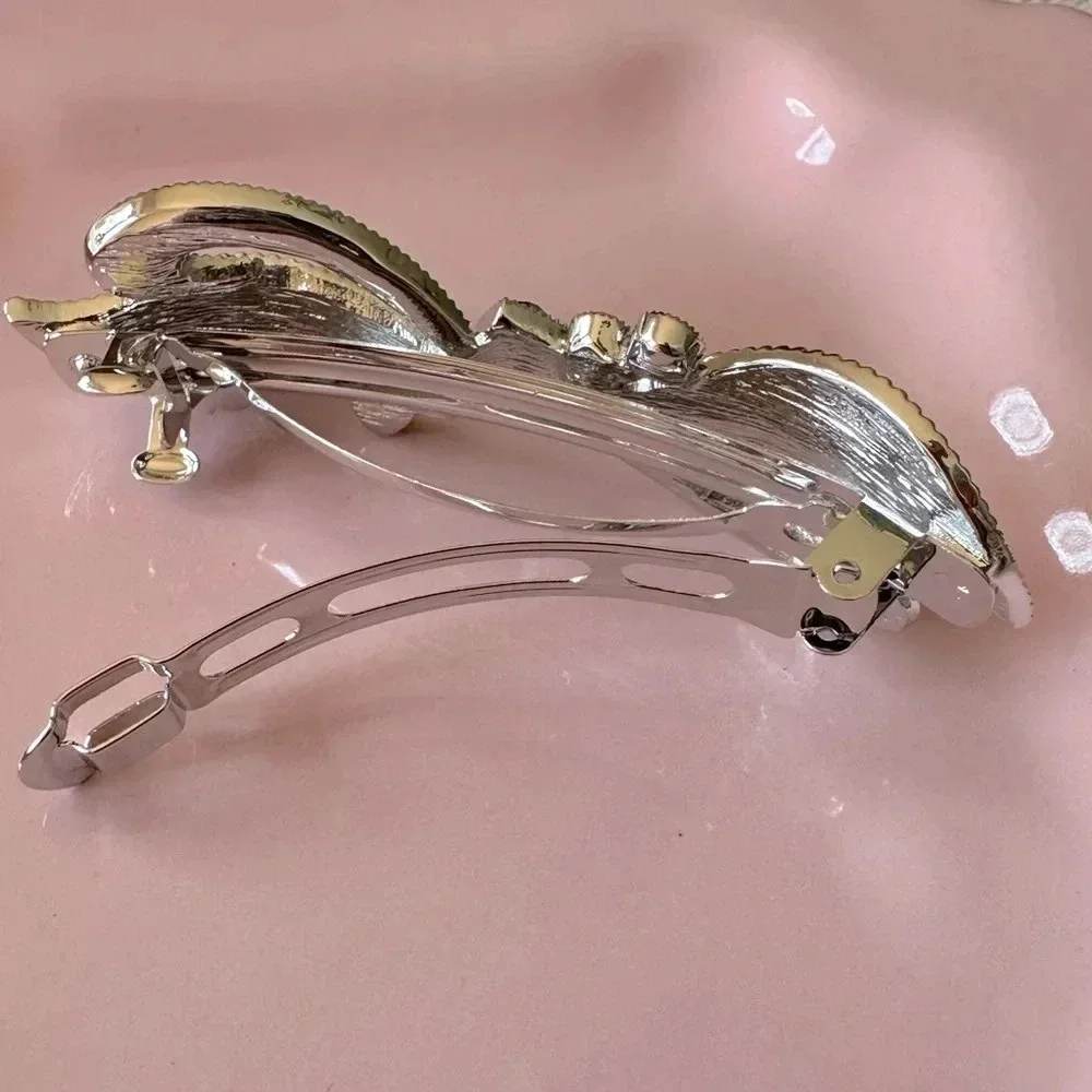 Light Blue Enamel and Crystal Bow & Heart Hair Barrette - Picture 3 of 6